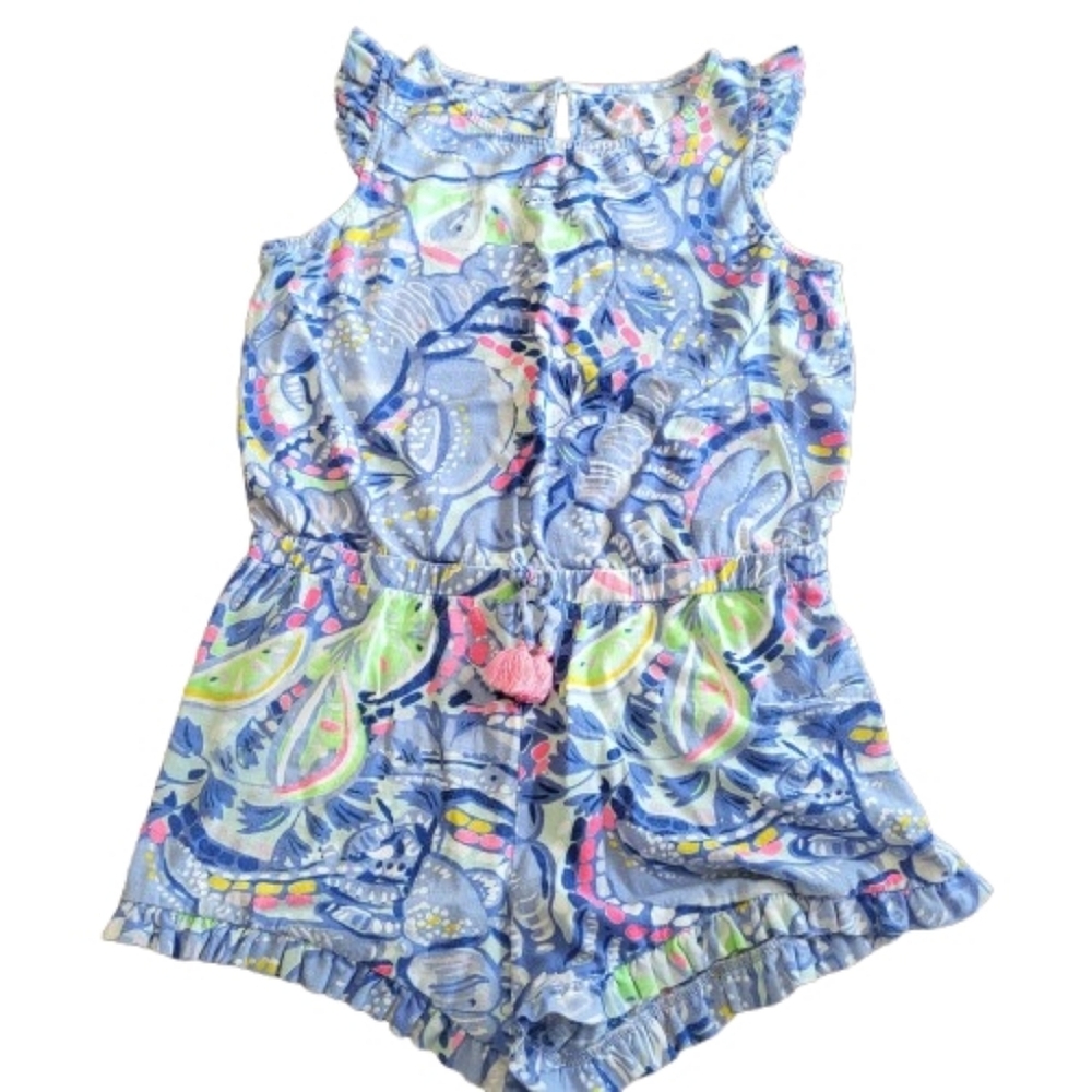Lilly‎ Pulitzer Ruffle Romper Limes Blue Beach Summer Drawstring Cotton Girls XL